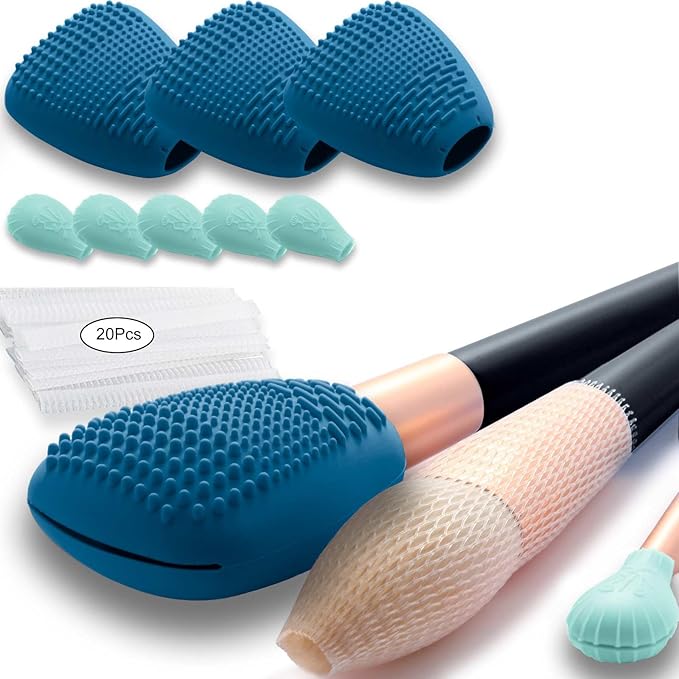 Silicone Travel Make-up Brush Holder with Cleaner Mat Pad, Organizer Case Covers for Foundation Eye Lip Brushes Storage Cleaning, Gift for Women Girl-Friend Mother Wife, 3-Pcs Large + 5 Small, Blue-VivaGrace Women