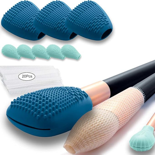Silicone Travel Make-up Brush Holder with Cleaner Mat Pad, Organizer Case Covers for Foundation Eye Lip Brushes Storage Cleaning, Gift for Women Girl-Friend Mother Wife, 3-Pcs Large + 5 Small, Blue-VivaGrace Women