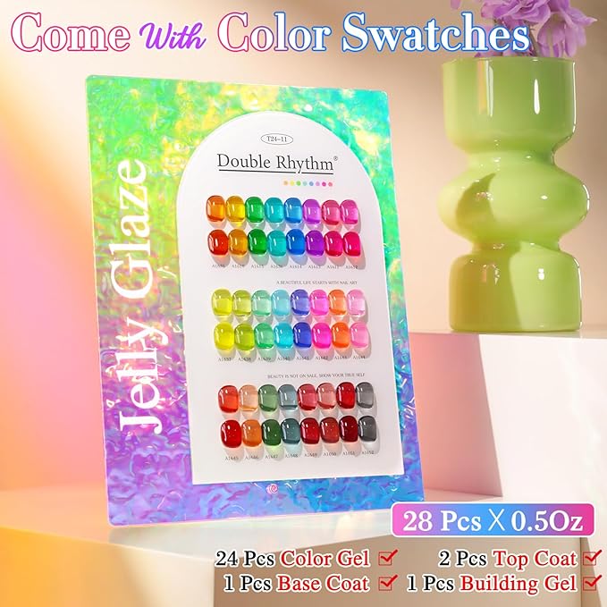 Double Rhythm 28Pcs 0.5Oz Gel Nail Polish Set Same Color Same Bottle Soak Off Gel Polish Kit Nail Art Manicure Salon DIY at Home for Women (Neon Jelly Sheer Collection-T24-11)-VivaGrace Women