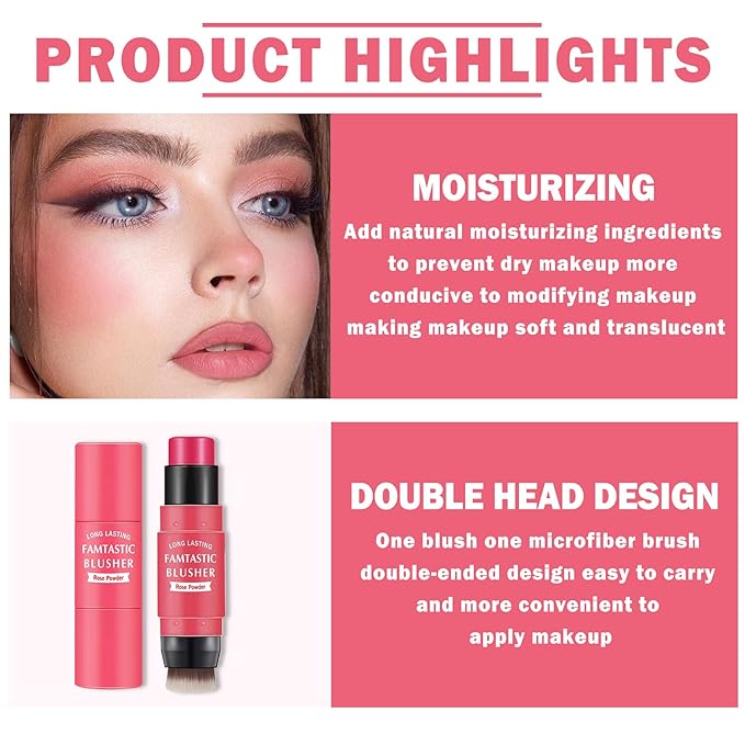 Cream Blush Stick with Brush, Waterproof, Long Lasting, Natural Finish, Rose Red - Compact Stick for All Skin Tones-VivaGrace Women
