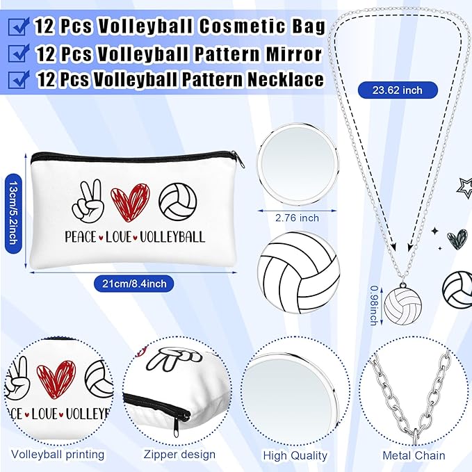 72 Pcs Sports Team Gifts Include 12 Makeup Bags 12 Lip Balm 12 Lip Balm Holder 12 Necklace 12 Adjustable Bracelet 12 Mirrors for Sports Lovers Players Party Favors (White, Volleyball)-VivaGrace Women