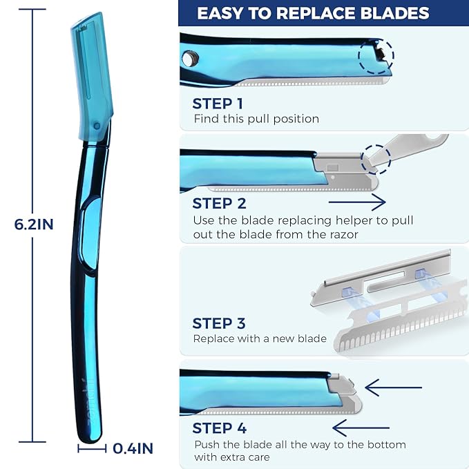 ZOMCHI Eyebrow Razor, Face Razors for Women&Men, Eyebrow Trimmer with Protective Silicone Cap, Dermaplane Razor-Easy&Safe Hair Removal(Blue,11 Blades)-VivaGrace Women