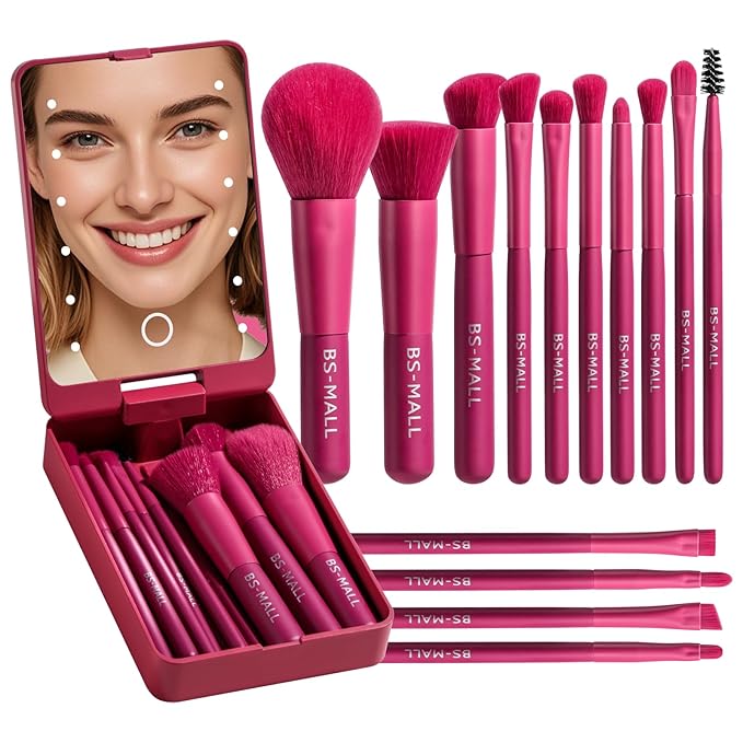 BS-MALL Travel Makeup Brush Set Foundation Powder Concealers Eye Shadows Makeup Set with LED light Mirror 14 Pcs (HotPink)-VivaGrace Women