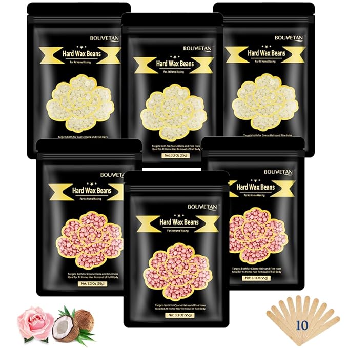 1.3Lb/21oz Hard Wax Beads for Hair Removal, Bouvetean Wax Beans for Bikini, Eyebrow, Face, Legs, Full Body Sensitive Skin Waxing with 10pcs Wax Spatulas (Pack of 6)-VivaGrace Women