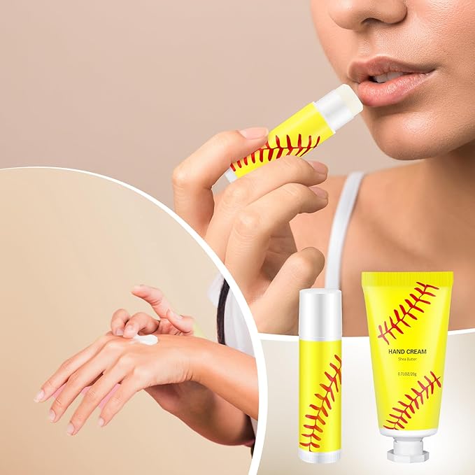 144 Pcs Softball Lip Balm Hand Cream Set Softball Accessories Softball Party Favors Including 36 Softball Lip Balm 36 Moisturizing Hand Cream 36 Bags 36 Softball Cards and Ropes for Kids Gifts-VivaGrace Women