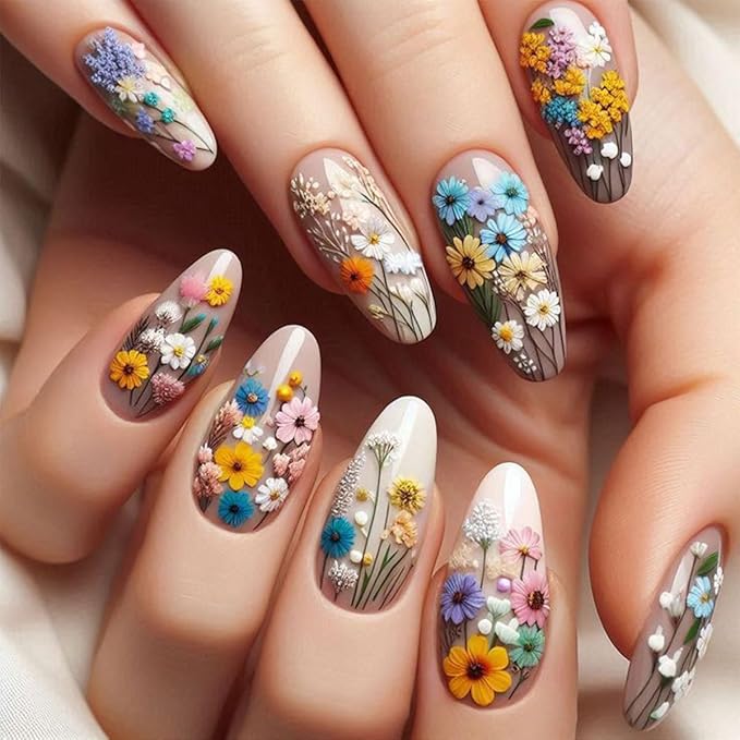 Flower Press on Nails Medium Almond Fake Nails with Leaf Designs Full Cover Stick on Nails Colorful Spring Glue on Nails Daisy Almond False Nails for Women Manicure Art 24Pcs