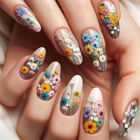 Flower Press on Nails Medium Almond Fake Nails with Leaf Designs Full Cover Stick on Nails Colorful Spring Glue on Nails Daisy Almond False Nails for Women Manicure Art 24Pcs