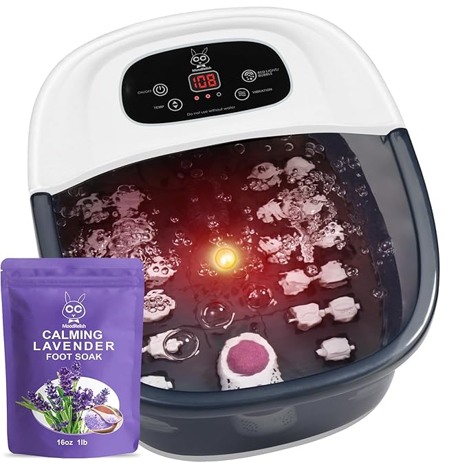 Foot Spa Bath Massager with Heat Bubbles and Vibration Massage and Jets, 16 OZ Calming Lavender Foot Soak Epsom Salt, Foot Soaker with Red Light, 22 Massage Rollers, Adjustable Temp - Grey-VivaGrace Women