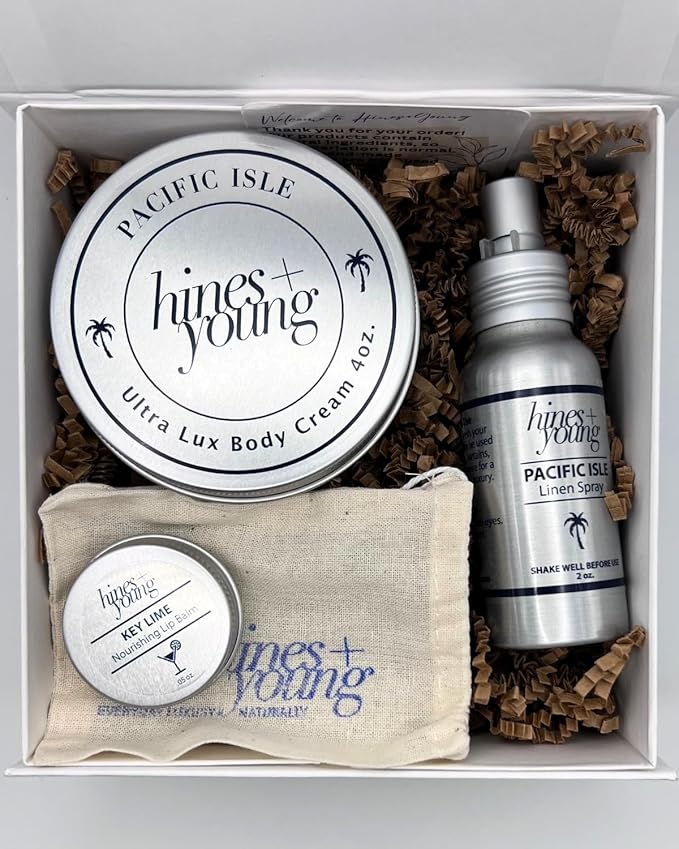 Hines+Young Travel Tins Gift Set - 4 oz Body Cream, 2 oz Linen Spray, Natural Lip Balm - Skin Care and Refreshing Home Fragrance, Ideal Self-Care Gift Set (Pack of 3, Pacific Isle)-VivaGrace Women