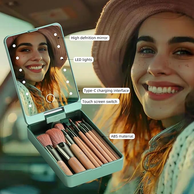 BS-MALL Travel Makeup Brush Set Foundation Powder Concealers Eye Shadows Makeup Set with LED light Mirror 14 Pcs (Green)-VivaGrace Women
