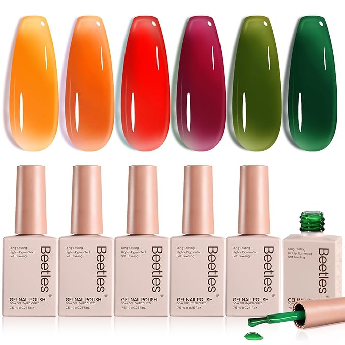 Beetles Jelly Gel Nail Polish Set - 6 Colors Yellow Orange Burgundy Red Purple Green Fall Gel Polish Kit Sheer Translucent Effect Soak off UV Nail Art Autumn Prism Series Manicure Gift for Women-VivaGrace Women