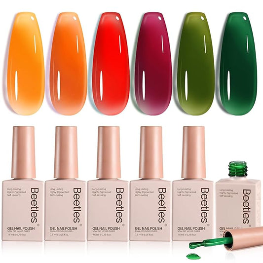 Beetles Jelly Gel Nail Polish Set - 6 Colors Yellow Orange Burgundy Red Purple Green Fall Gel Polish Kit Sheer Translucent Effect Soak off UV Nail Art Autumn Prism Series Manicure Gift for Women-VivaGrace Women