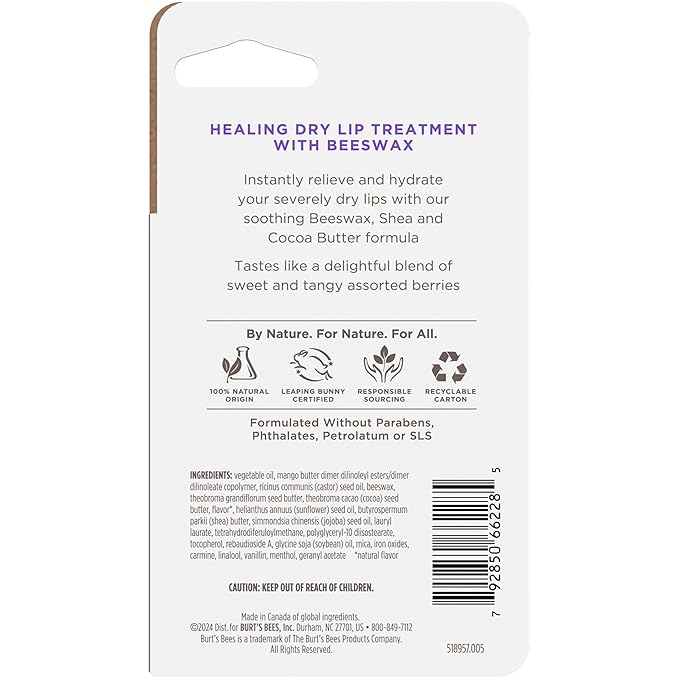 Burt's Bees Rescue Lip Relief, Berry Medley, Hydrating Lip Balm for Dry Cracked Lips, with Responsbily Sourced Beeswax and Shea Butter, 100% Natural Origin, 1 Squeezy Tube, 0.35oz-VivaGrace Women