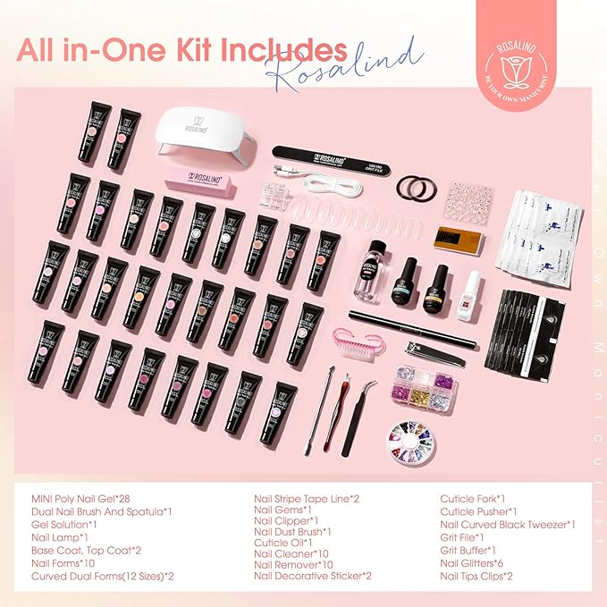 ROSALIND 28 Colors Poly Nail Gel Kit with Mini U V/LED Lamp White Nude Poly Nails Gel Kit Starter Kits With Slip Solution Pink Extensions Set for Nail Manicure Beginner-VivaGrace Women
