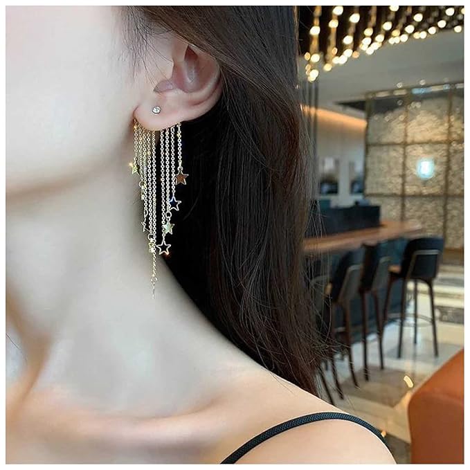 Boho Star Chain Tassel Earrings Gold Star Dangle Earrings Long Chain Drop Earrings Tiny Star Fringe Chain Earrings Jewelry for Women and Girls-VivaGrace Women