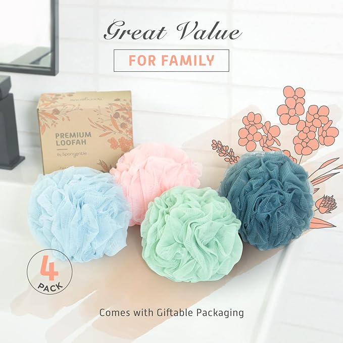 Spongentle Premium Deep Cleansing Loofah Sponge for Radiant Skin, Pack of 4, Bath and Shower, Exfoliating Body Scrubber, Beautiful Colors for Women and Men-VivaGrace Women