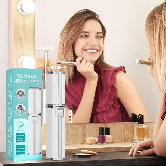 Nose Hair Trimmer for Women Men, Electric 2 in 1 Face Shaver and Eyebrow Trimmer, White Rechargeable Facial Hair Remover with Built-in LED Light-VivaGrace Women