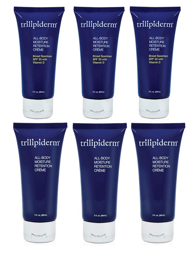 Trilipiderm 3 x All-Body Moisture Retention Creme 3x and All-Body Moisture Retention with Spf 30 Broad Spectrum 3oz size Travel Size 6-pack Sets - Air Travel, Gift, Purses, Gym Bag Lotion-VivaGrace Women