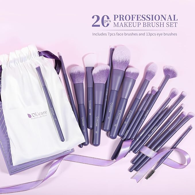 DUcare Makeup Brushes Set Professional 20pcs Vegan Make Up Brushes, Foundation Eyeshadow Concealer Contour Powder Blush Blending Eyeliner Brush with Silicone Face Mask Brush Purple-VivaGrace Women
