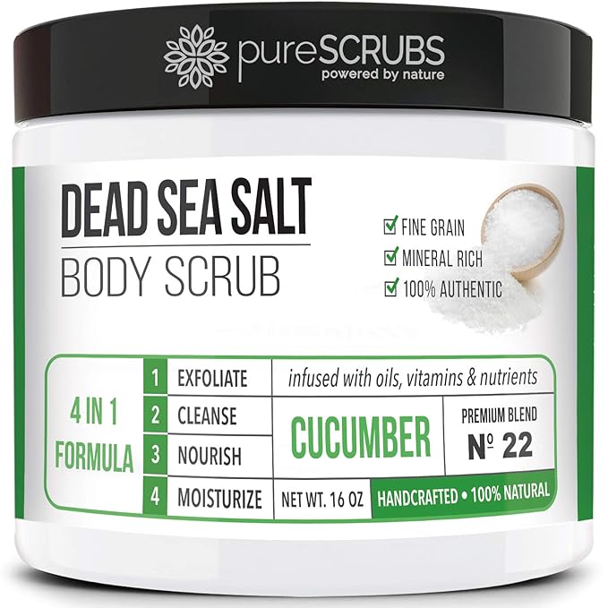 pureSCRUBS Premium Cucumber Body Scrub Set - Large 16oz Dead Sea Salt Body Scrub for Women Exfoliation KP Bump Eraser Body Scrub Includes Wooden Spoon, Loofah & Soap-VivaGrace Women