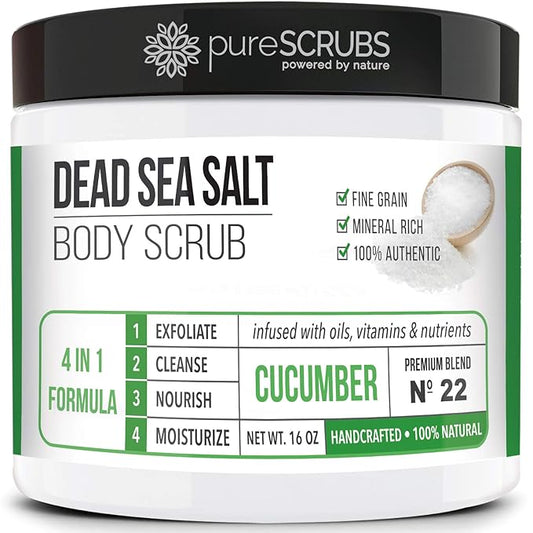 pureSCRUBS Premium Cucumber Body Scrub Set - Large 16oz Dead Sea Salt Body Scrub for Women Exfoliation KP Bump Eraser Body Scrub Includes Wooden Spoon, Loofah & Soap-VivaGrace Women