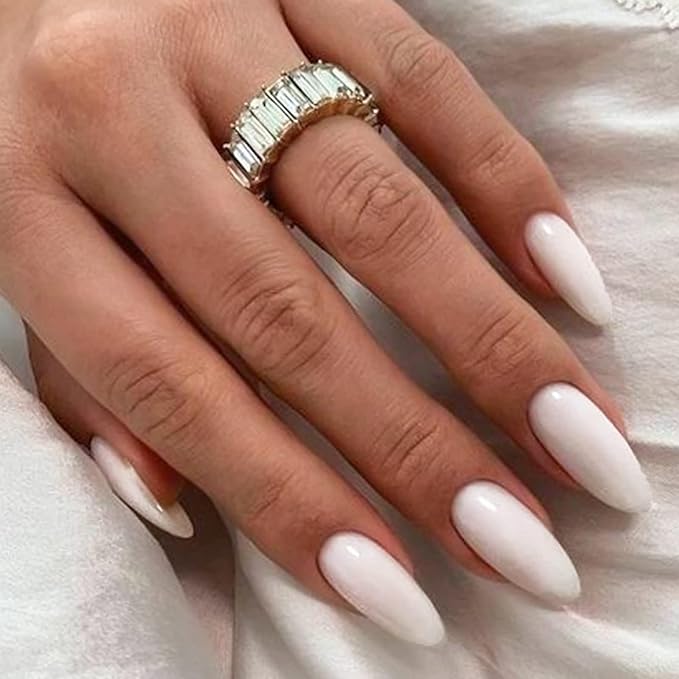 Medium Press on Nails Almond Fake Nails with Pure Color Designs White Glue on Acrylic Nails Glossy False Nails for Women and Girls