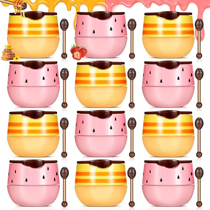 12 Pcs Bee Lip Balm Honey Pot with Brush Propolis Lip Mask Overnight, Moisturizing Hydrating Lip Sleeping Mask Prevention Dry and Cracked(Honey+Strawberry)-VivaGrace Women