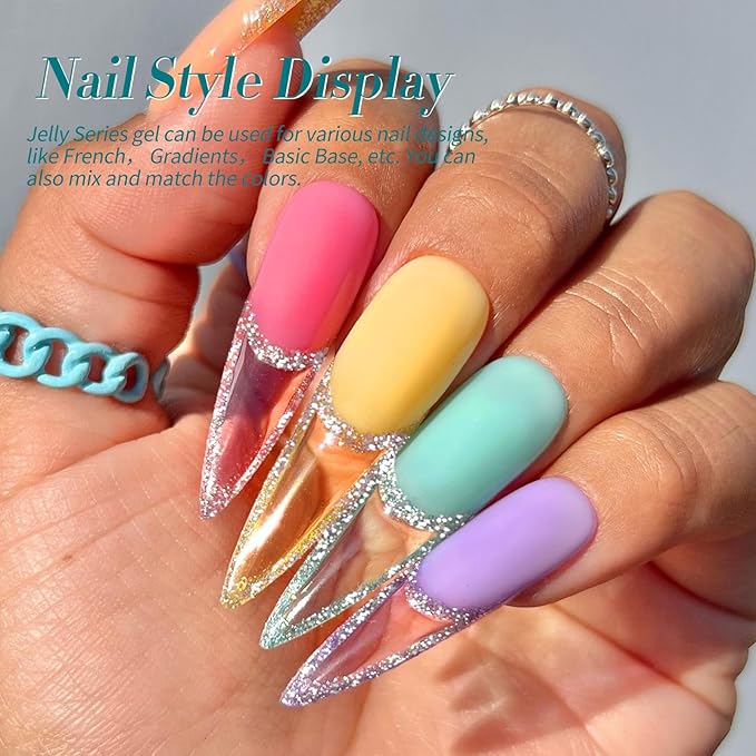 Born Pretty Jelly Gel Nail Polish Set Spring Summer Crystal Glass Translucent Pastel Sheer Gel Polish Pink Green Blue Red Yellow Silver Shiny Glitter Gel Nail Polish Nail Art Gel DIY Gift 6PCS-VivaGrace Women