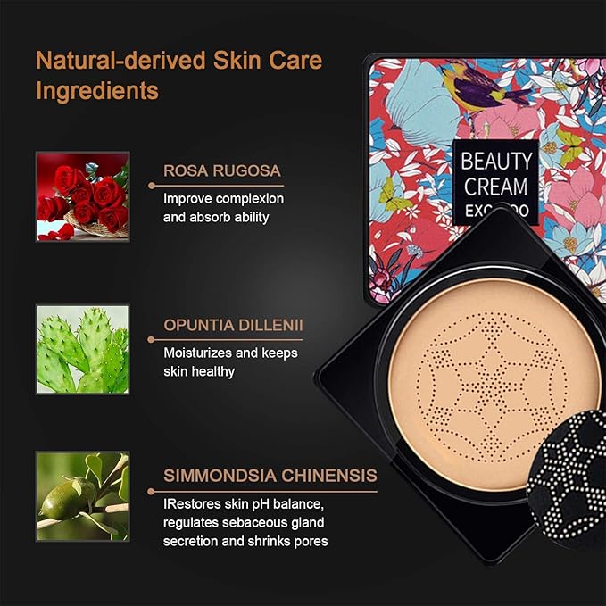 2PCS Mushroom Head Air Cushion CC Cream Foundation, Beauty Cream Exo Too BB Cream, Moisturizing, Long Lasting, Matte Concealer, Light Weight, WaterProof Liquid Foundation with 2PCS Mushroom Head-VivaGrace Women