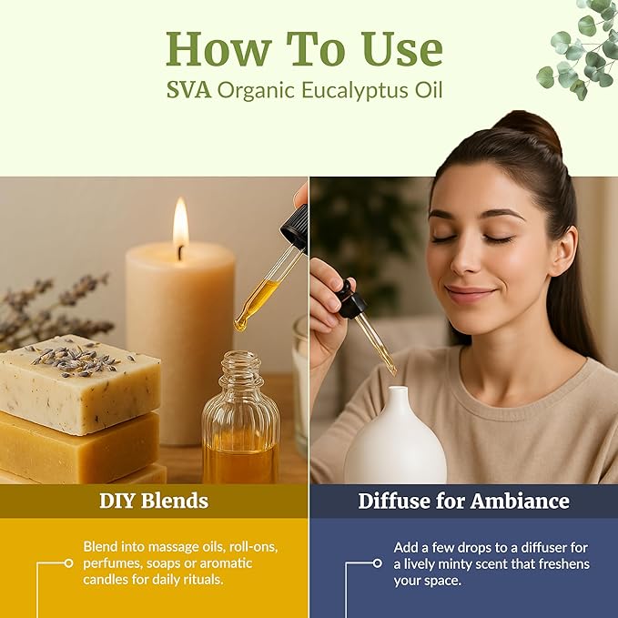 SVA Eucalyptus Essential Oil Organic – 4 Fl Oz – 100% Natural Organic Eucalyptus Oil - for Diffuser, Hair, Face, Skin Care, Aromatherapy, Scalp and Body Massage, Soap and Candle Making - with Dropper-VivaGrace Women