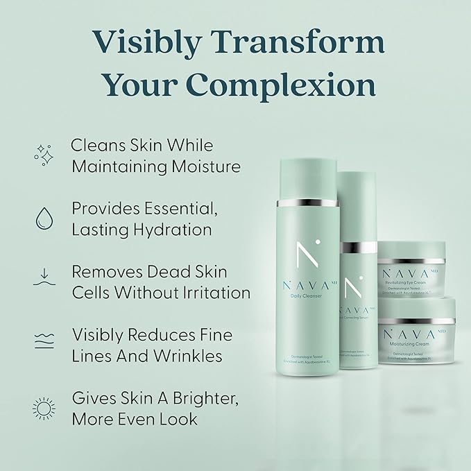 NAVA MD Clinical Skincare System | Cleanser, Serum, Moisturizer, Eye Cream | Developed By Doctors and Scientists | Promote Healthy, Youthful Skin | Contains Aquabeautine XL-VivaGrace Women