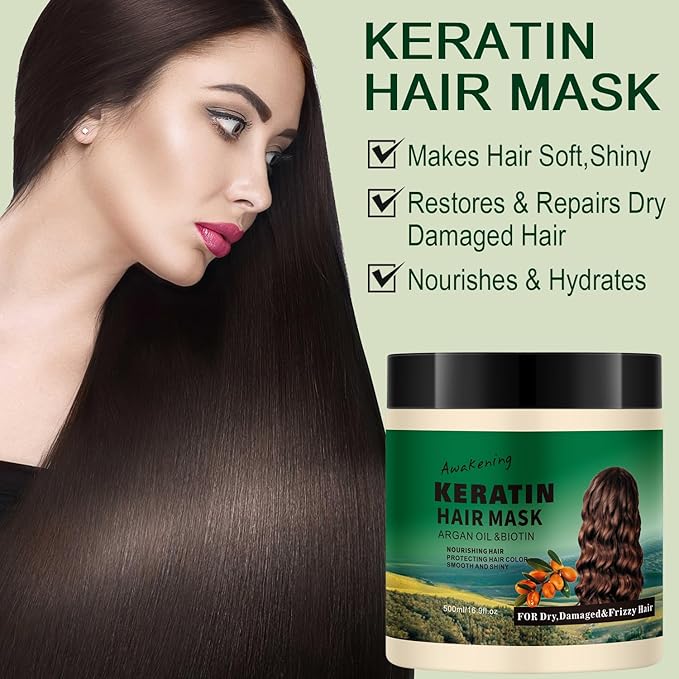 Hair Mask Deep Treatment Conditioner Collagen Protein Argan Oil Biotin Repair For Dry Damaged Frizzy Curly All Hair Types(16.9 Fl Oz/500ml) (keratin)-VivaGrace Women