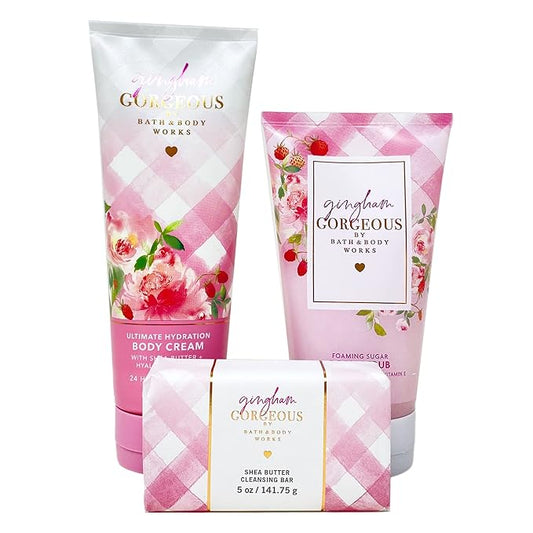 Bath & Body Works Gingham Gorgeous 3 Piece Set - Body Cream - Body Scrub - Cleansing Bar - Full Size-VivaGrace Women