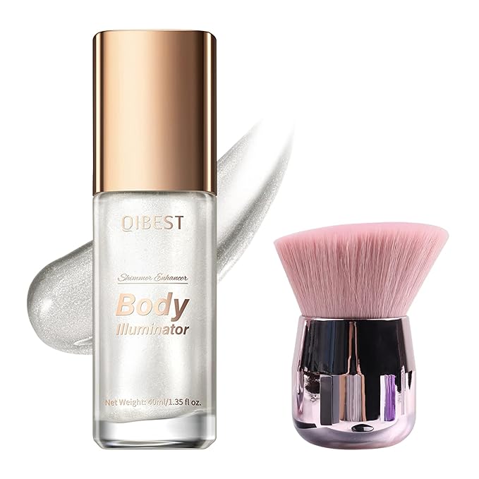 40ml Body Shimmer Oil,Face and Body Liquid Luminizer,Smooth Body Shimmer Oil For Sunshine Bath, Waterproof Moisturizing Light Shimmer Glow Illuminator,Liquid Highlighter Makeup,Makeup Brush Include (1#-Silver)-VivaGrace Women