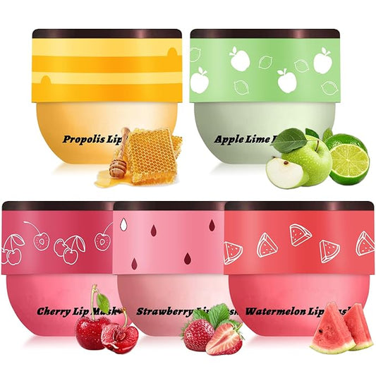 5 PCS Bee Balm Lip Balm Lip Mask Honey Pot, Lip Mask Propolis Moisturizing Lip Balm, Hydrating Prevention Dry and Cracked Lip Scrubs Exfoliator Lip Care (Strawberry&Watermelon&Honey&Apple Lime&Cherry)-VivaGrace Women