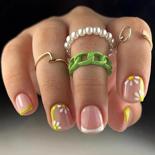 Cute Flower Press on Nails Short Fake Nails - LPOODDNU French Tip Press on Nails Square Shape False Nails Small Flowers Acrylic Nails Spring Summer Stick on Nails Short Artificial Nails for Manicure