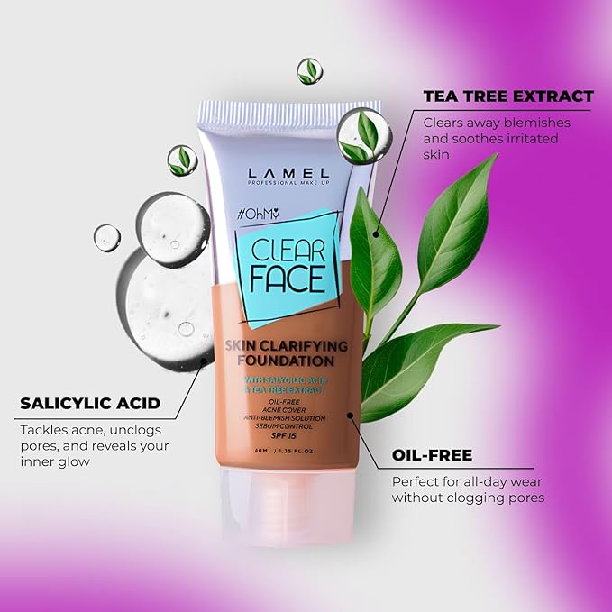 LAMEL OhMy Clear Face Full Coverage Foundation - Acne Coverage - Salicylic Acid & Tea Tree Extract - Dewy & Flawless Finish - Sensitive Skin Care - Organic & Oil-Free - 410, 1.35 fl.oz-VivaGrace Women