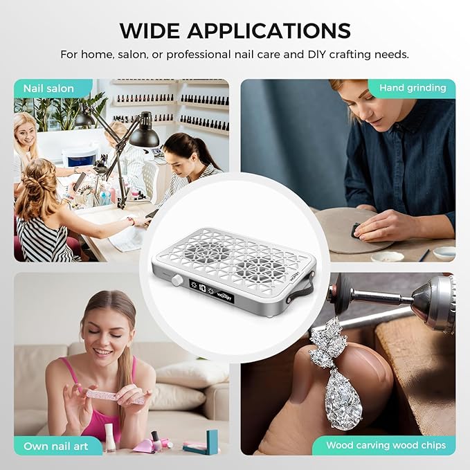 Professional Nail Dust Collector, 1600PA Portable, 10 Speeds, Disposable Filter Papers (30 Pcs), Matte White, Modern, Lightweight, Nail Vacuum for Home & Salon-White-VivaGrace Women