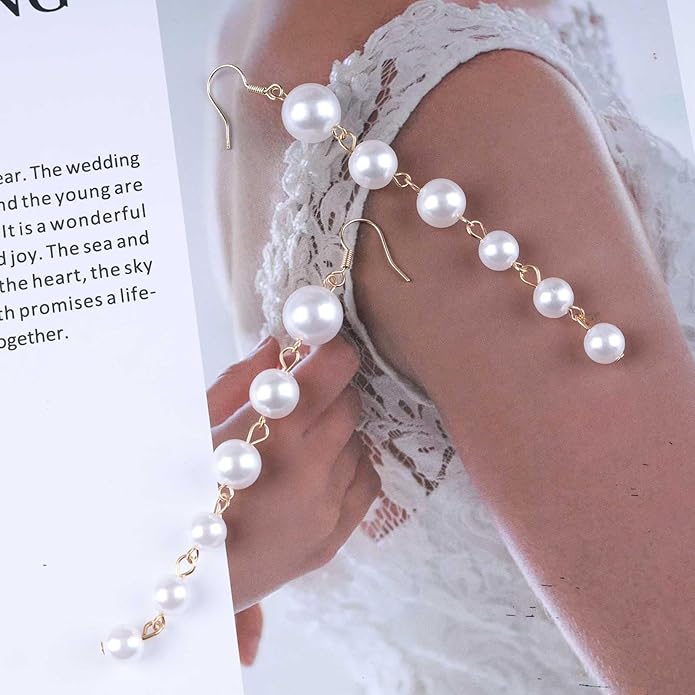 Boho Long Pearl Drop Earrings Vintage Gold Tassel Pearl Dangle Earrings Statement Pearl Chain Drop Dangle Earrings Wedding Prom Bridal Pearl Hook Earrings Jewelry for Women-VivaGrace Women