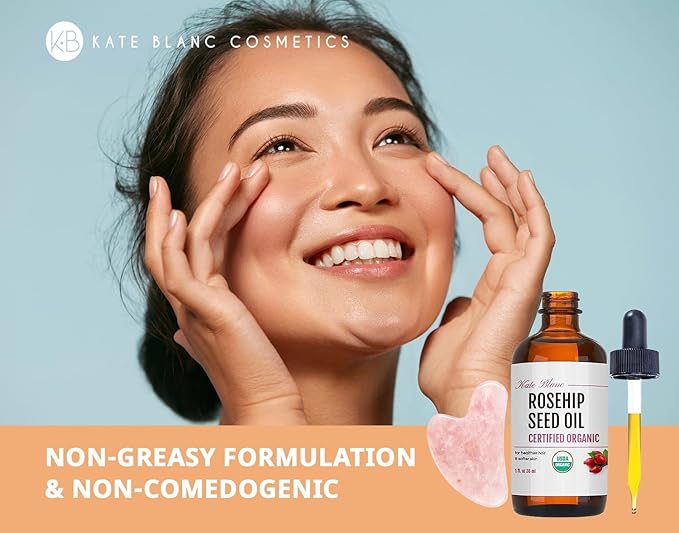 Kate Blanc Cosmetics Rosehip Oil for Face with Pink Gua Sha Stone (1oz, Organic, Pure, Cold Pressed) Rosehip Seed Face Oil for Gua Sha Massage-VivaGrace Women