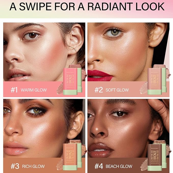 On-The-Go Bronzer Stick,Multi-Use Cream Contour Stick,Natural Long Lasting Face Bronzer,Smooth Highlighter Contour Stick,Bronze Contour Makeup Facial Shaping,04 Beach Glow-VivaGrace Women