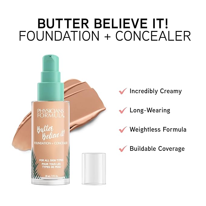 Physicians Formula Butter Believe It! Foundation + Concealer, Light-to-Medium | Dermatologist Tested, Clinicially Tested-VivaGrace Women