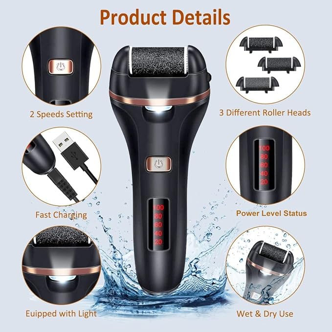 Electric Callus Remover for Feet,Rechargeable Foot File Hard Skin Remover,Waterproof 14 in1 Professional Pedicure Kit for Cracked Heels &Dead Skin,with 3 Roller Heads 2 Speed-VivaGrace Women