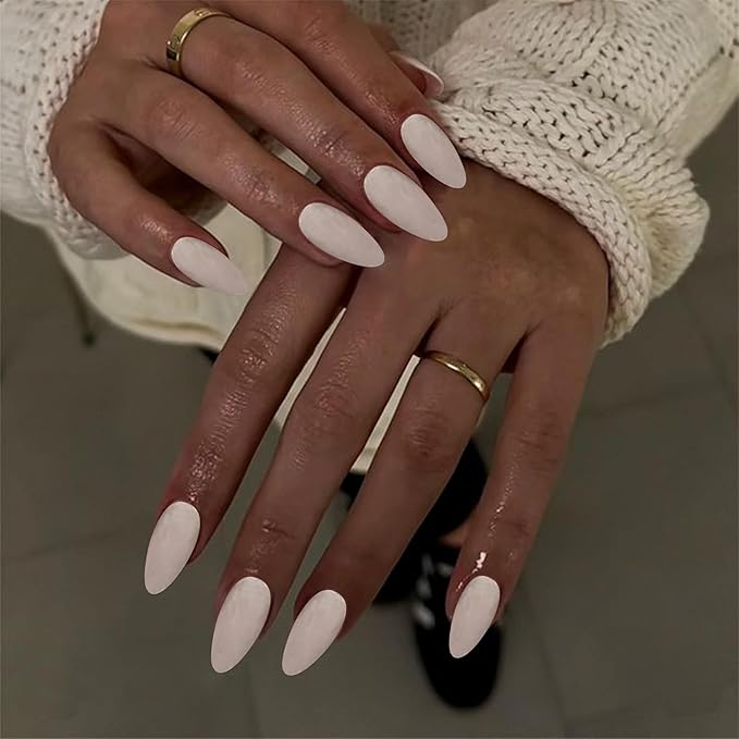 Medium Press on Nails Almond Shaped Fake Nails with Pure Color Designs Apricot Pink Glue on Nails Glossy Full Cover False Nails for Women and Girls