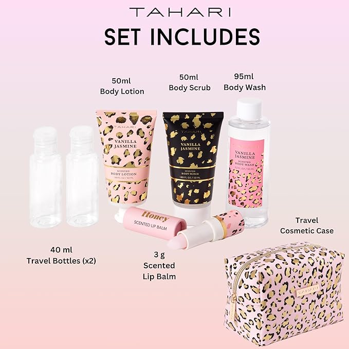Tahari Spa Gift Set for Women, Vanilla Jasmine Spa Set, Bath Kit for Women Gift Set Includes Body Lotion, Body Wash, Hand Cream, Lotion Gift Set for Women, Birthday Gifts For Women - (Leopard)-VivaGrace Women