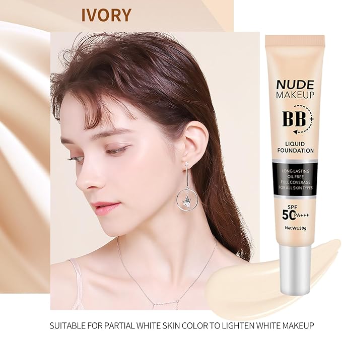 BB Cream with SPF 50, BB Cream Full Coverage, Hide Pores Blemishes, Nude Makeup Base, Even Skin Tone, Long Lasting Oil Control, Hydration BB Cream, Natural Finish for All Skin Types (Ivory)-VivaGrace Women