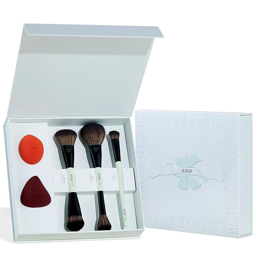 Jessup Face Makeup Brushes with Makeup Sponge, 3pcs Double Ended Makeup Brush for Foundation Contour Blush Highlight and Concealer Brush, Premium Synthetic Brush Set with Gift Box, T510-VivaGrace Women