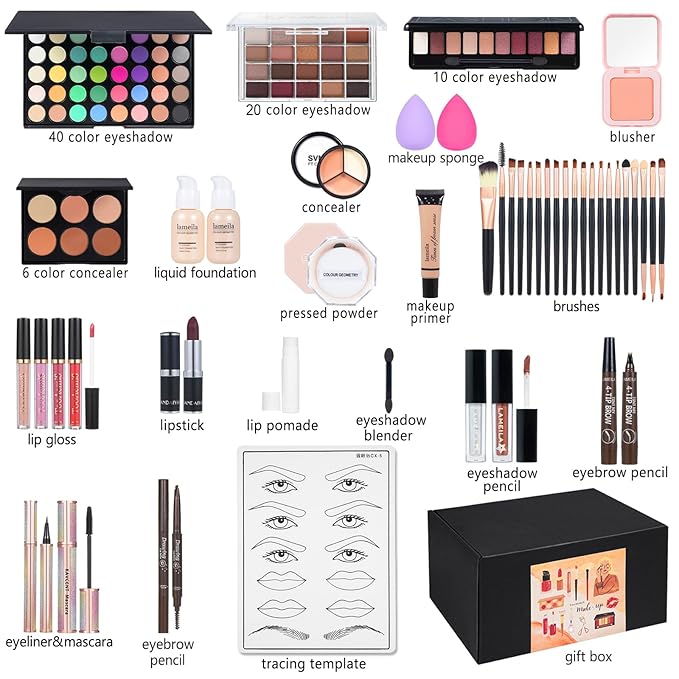 All in One Makeup Kit Makeup Kit for Women Full Kit Multipurpose Makeup ，eyeshadow、 liquid foundation,Loose powder,Eyebrow pencil,4-color lip gloss set-VivaGrace Women