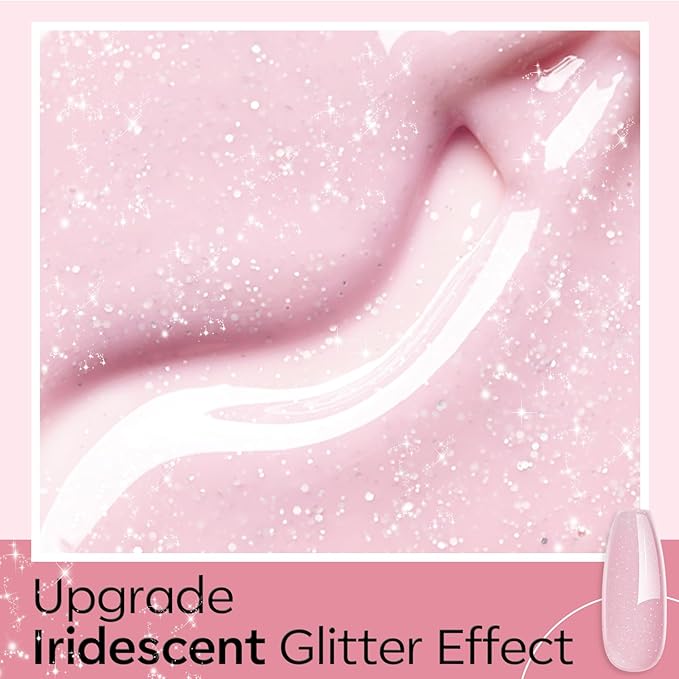 modelones Builder Nail Gel, 8-in-One Nude Pink Glitter Builder, Rainbow Iridescent Shimmer Nail Gel Polish, Jelly Pink Sparkle LED Lamp Cured Hard Rubber Color Base for Home DIY Salon Girls-VivaGrace Women