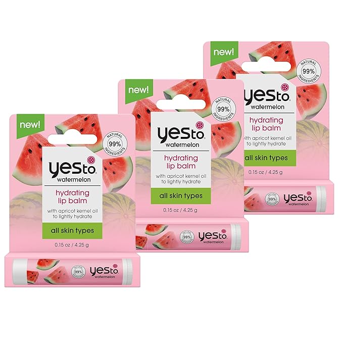 Yes To Watermelon Hydrating Lip Balm, Refreshing Non-Sticky Formula That Restores Dry Cracked Lips & Locks In Moisture, With Apricot Kernel Oil & Antioxidants, Natural & Cruelty Free, 0.15 Oz, 3-Pack-VivaGrace Women